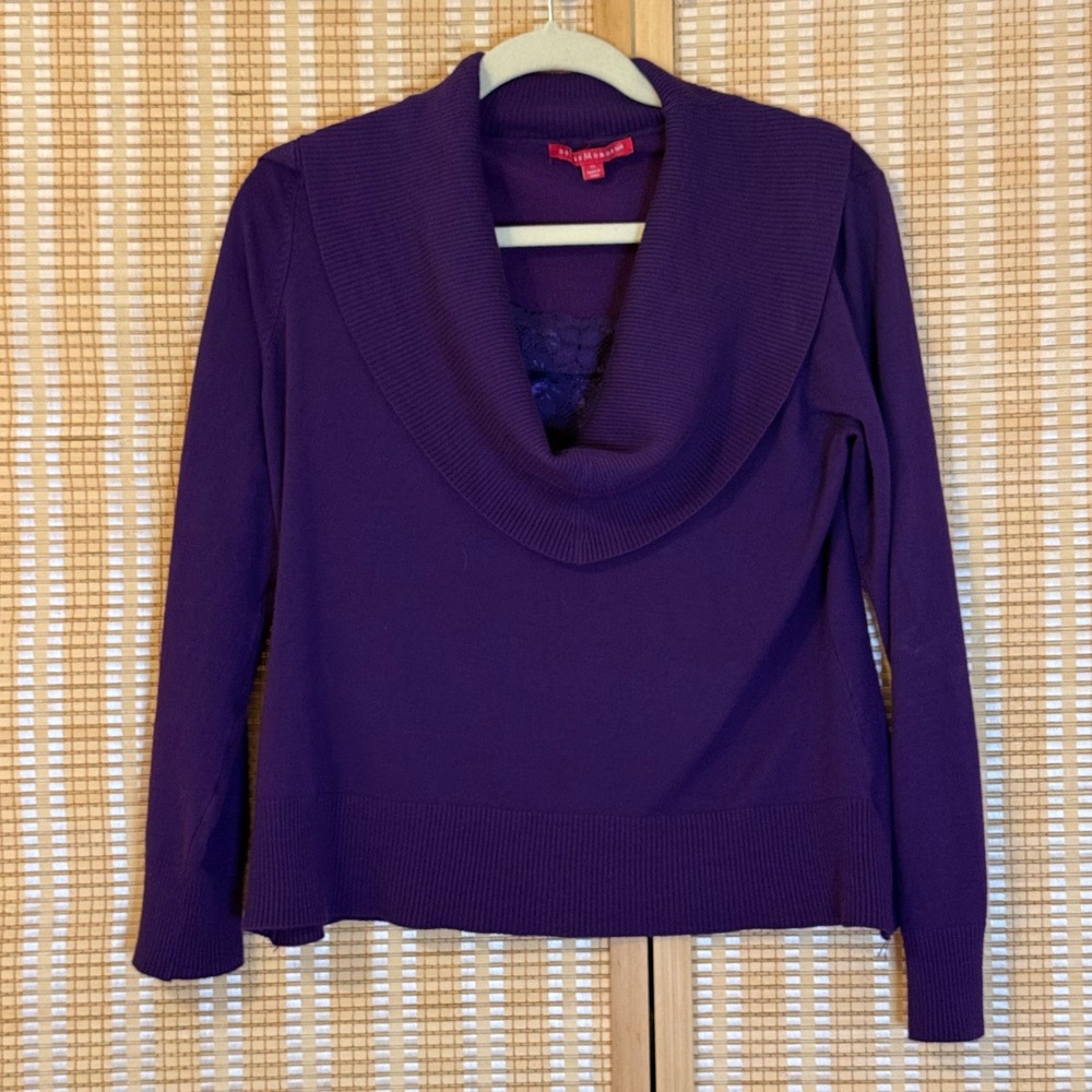 Debbie Morgan Womens XL Purple Cowl Neck Lace Inset Pullover Sweater Preppy Art